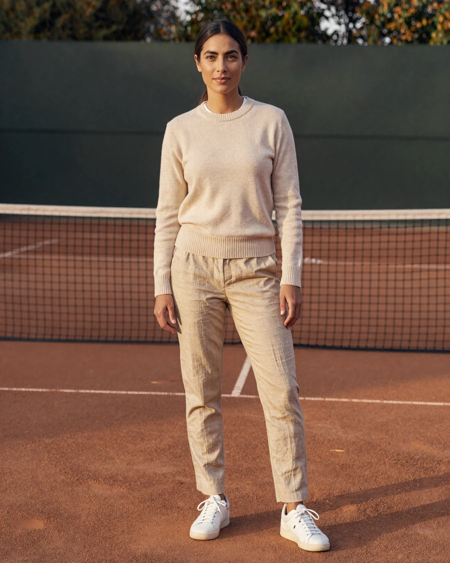 Single woman orthopedic surgeon on a doctor dating site, golden-hour clay tennis court portrait