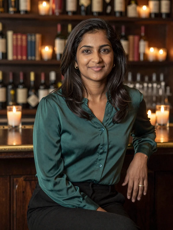 Dr. Priya Anand, pulmonologist dating site profile, Seattle wine bar editorial portrait