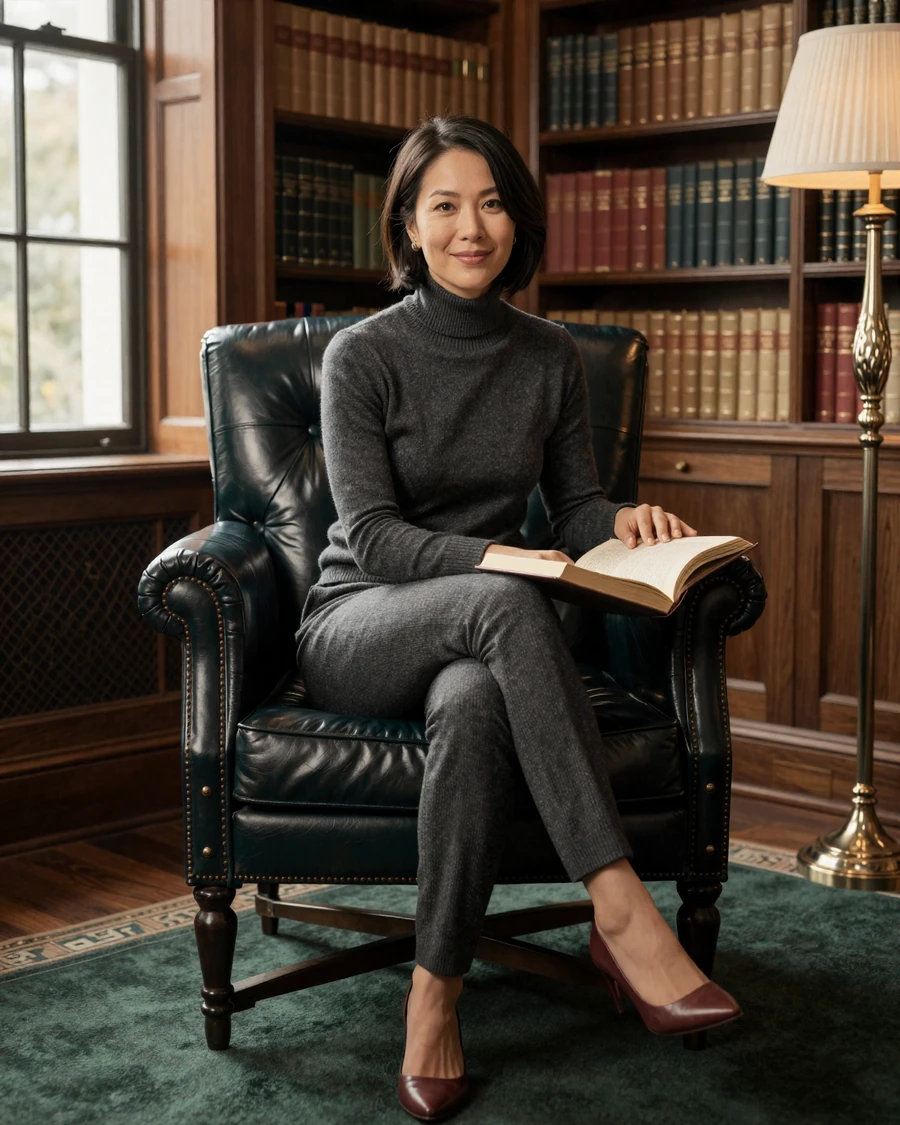 Single woman neurologist on a doctor dating site, golden-hour portrait in a walnut-paneled private library