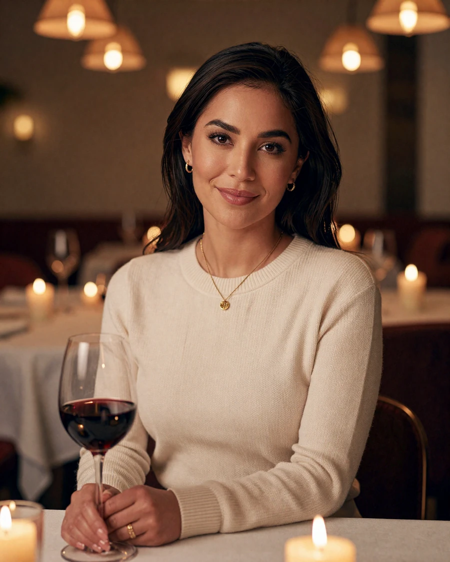 Single woman oncologist on a doctor dating site, candlelit Italian restaurant editorial portrait