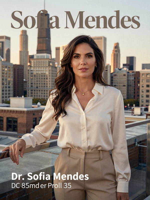 Dr. Sofia Mendes, single woman neurologist dating profile, Chicago rooftop at golden hour