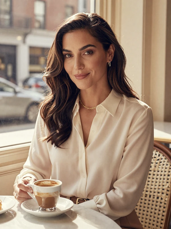 Dr. Camille Beaumont, single OB-GYN on a doctor dating site, West Village cafe portrait
