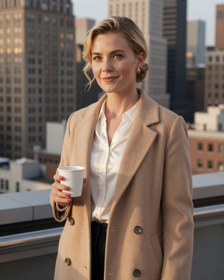 Single woman radiologist on a doctor dating site, Manhattan rooftop golden-hour portrait
