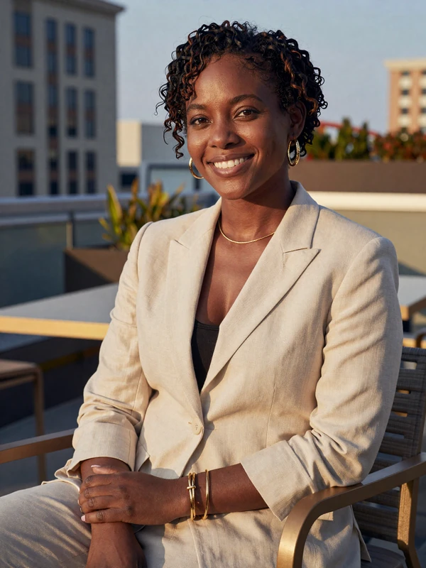 Dr. Imani Bryce, single woman orthopedic surgeon dating profile, Atlanta rooftop