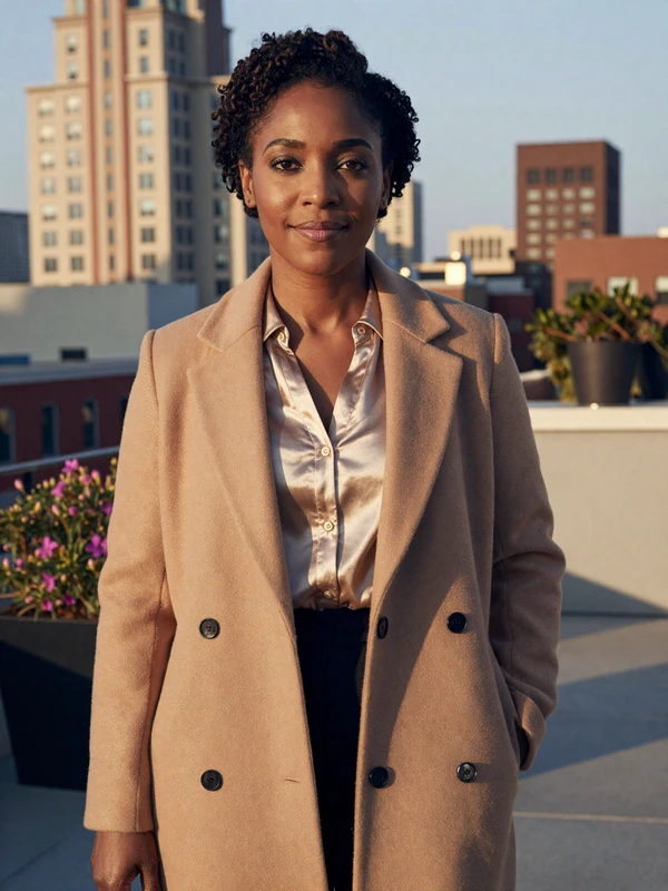 Dr. Adaeze Okafor, single woman nephrologist dating profile, Atlanta rooftop portrait