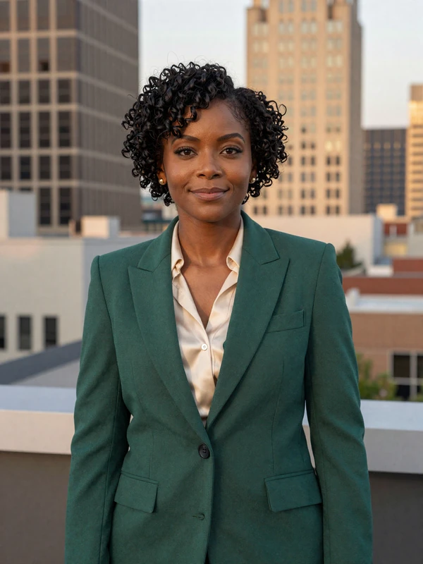 Dr. Amara Okafor, pediatric emergency physician dating profile, Atlanta rooftop at golden hour