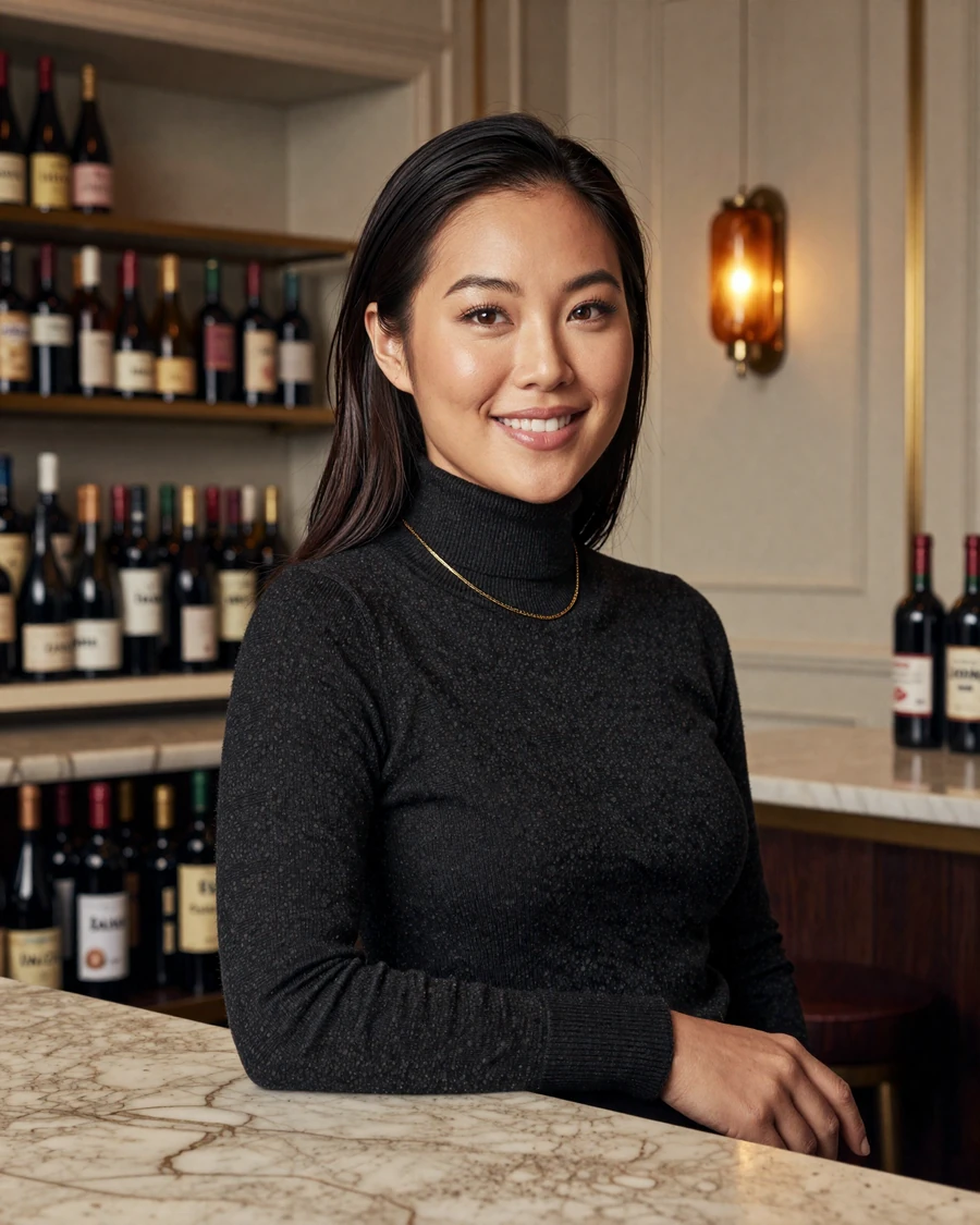 Single woman ENT surgeon on a doctor dating site, refined Manhattan wine room portrait