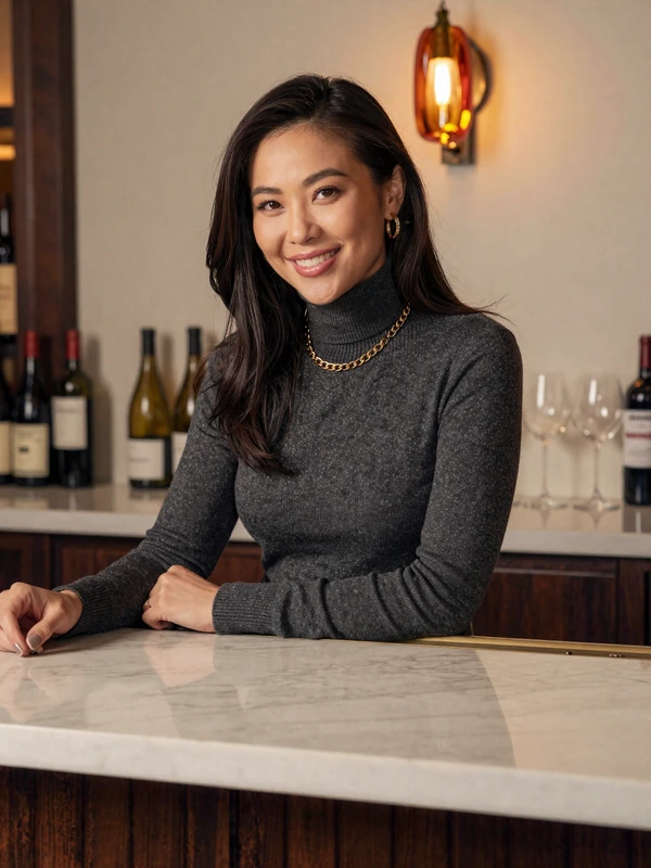 Dr. Sienna Park, single woman ENT surgeon dating profile, Manhattan wine bar portrait