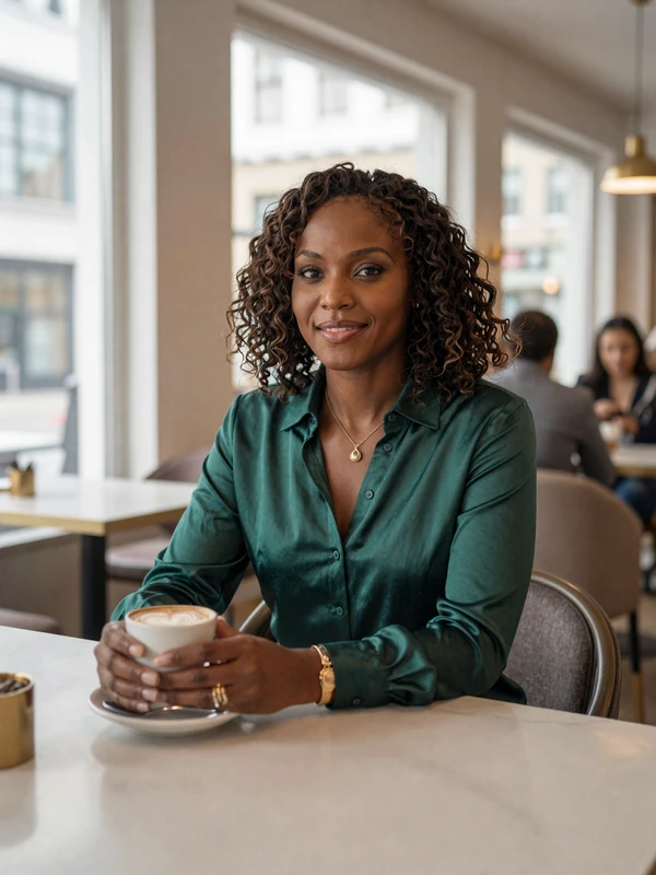 Dr. Amara Johnson, single radiation oncologist dating profile, Atlanta cafe morning portrait