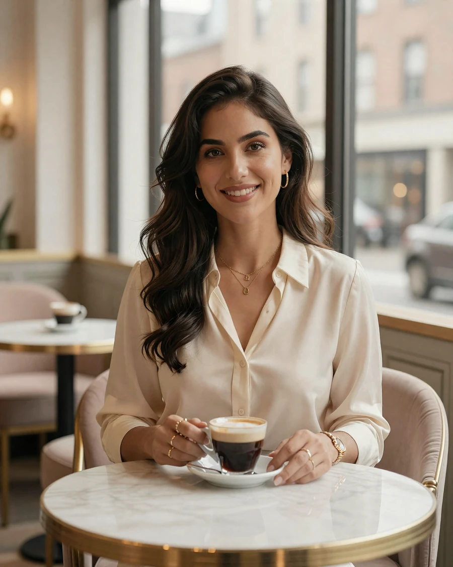 Single woman pharmacist on LovePsychology pharmacist dating site, off-duty at upscale Boston cafe