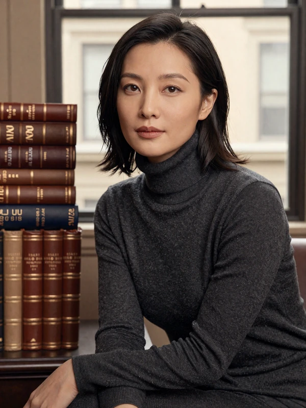 Single woman nephrologist on a doctor dating site, golden-hour brownstone study portrait