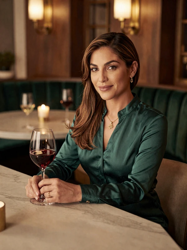 Dr. Sophia Reyes, single gastroenterologist on a doctor dating site, Manhattan wine bar portrait