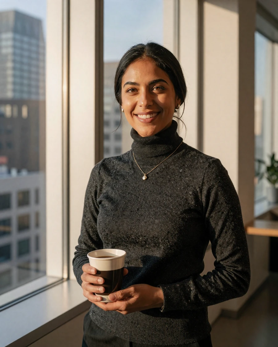 Single woman pulmonologist on a doctor dating site, golden-hour Manhattan loft editorial portrait