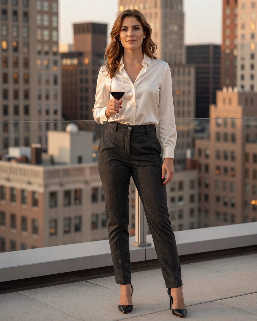 Single woman surgeon on a surgeon dating site, Manhattan rooftop at golden hour