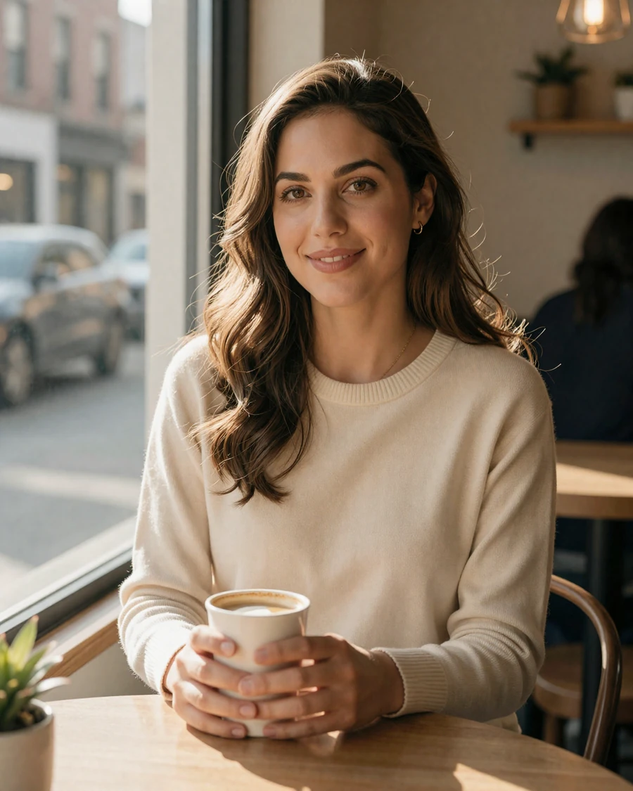 Single woman family physician on a family doctor dating site, sunlit Brooklyn coffee shop at golden hour