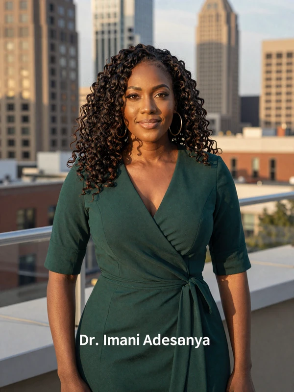 Dr. Imani Adesanya, single woman OB-GYN dating profile, Atlanta rooftop portrait
