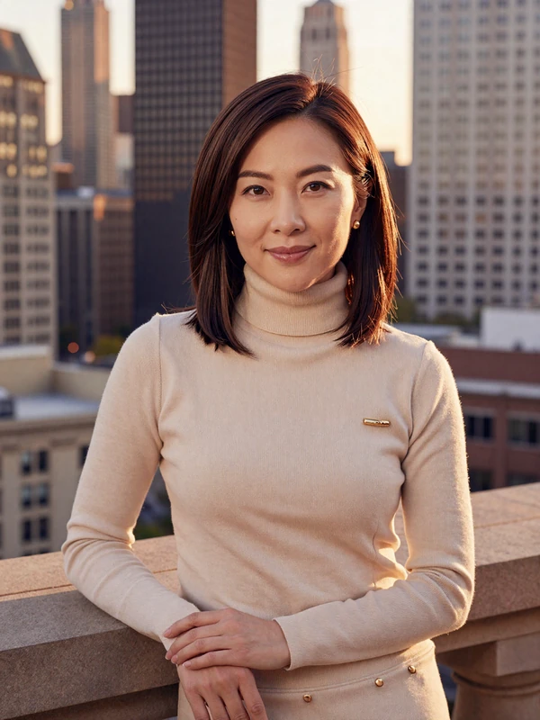 Dr. Margaret Lin, single woman gastroenterologist dating profile, Chicago rooftop at golden hour
