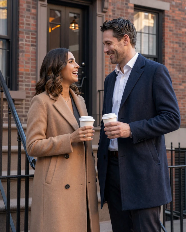 Dr. Sienna Morgan and James Whitfield on a Beacon Hill brownstone stoop - doctor dating success story