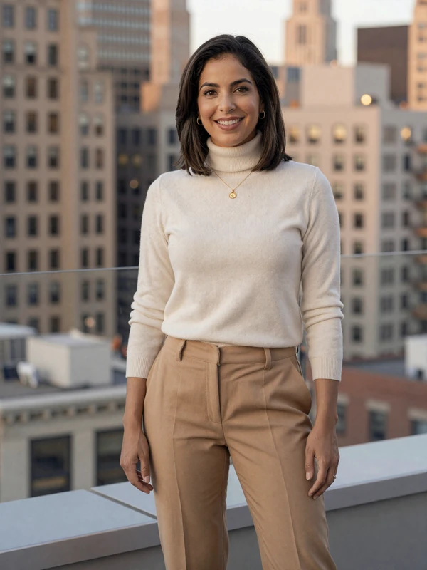 Dr. Sophia Reyes, single endocrinologist on a doctor dating site, Manhattan rooftop portrait
