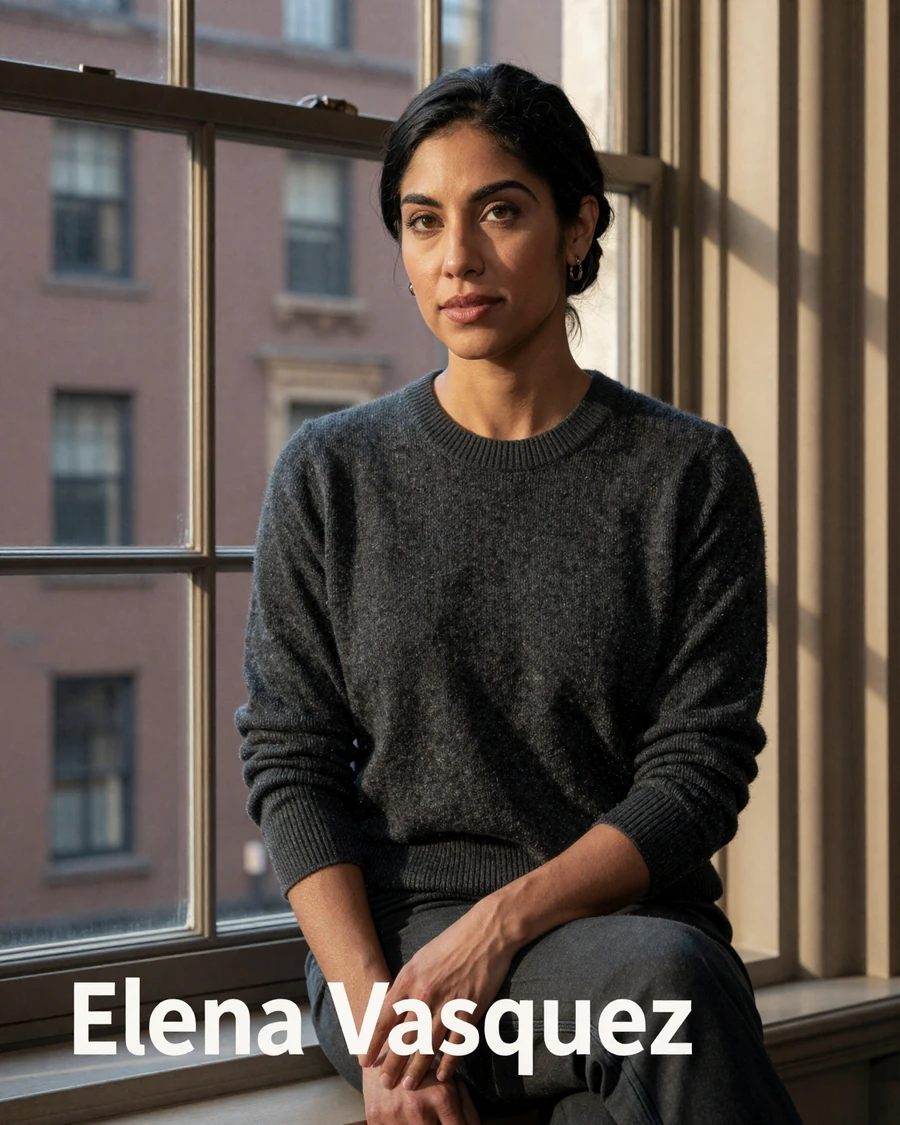 Single woman urologist on a doctor dating site, editorial portrait at a city brownstone window