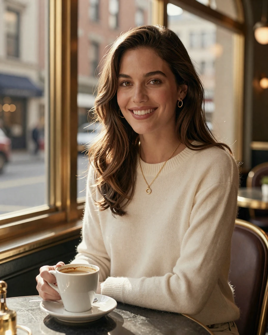 Verified nurse on a luxury dating site for nurses, seated at upscale cafe in evening attire