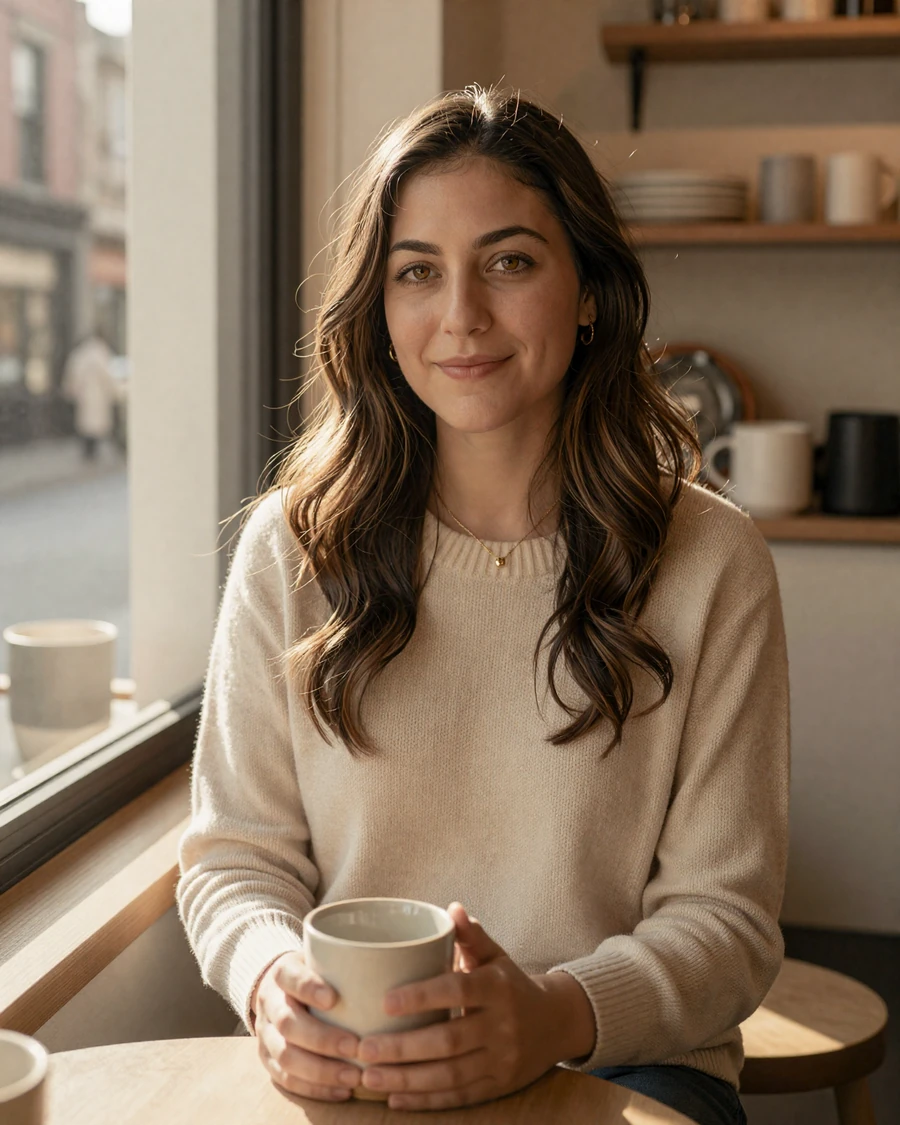 Single occupational therapist on LovePsychology dating site for medical professionals, weekend morning in Brooklyn coffee shop