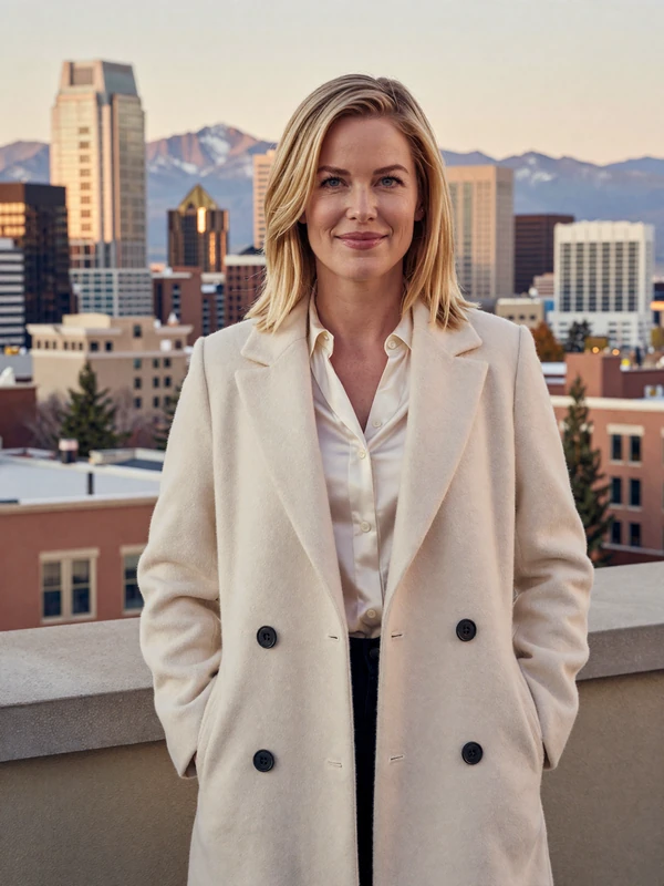 Dr. Annika Whitman, single woman pulmonologist dating profile, Denver rooftop at dusk