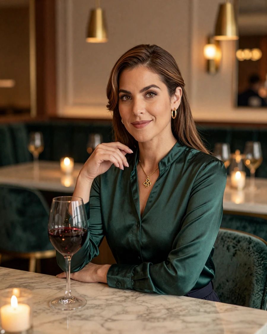 Single woman gastroenterologist on a doctor dating site, candlelit Manhattan wine restaurant portrait