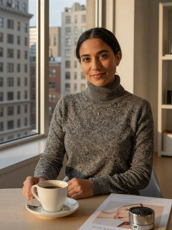 Dr. Marisol Reyes, single pulmonologist on a doctor dating site, Manhattan loft editorial portrait