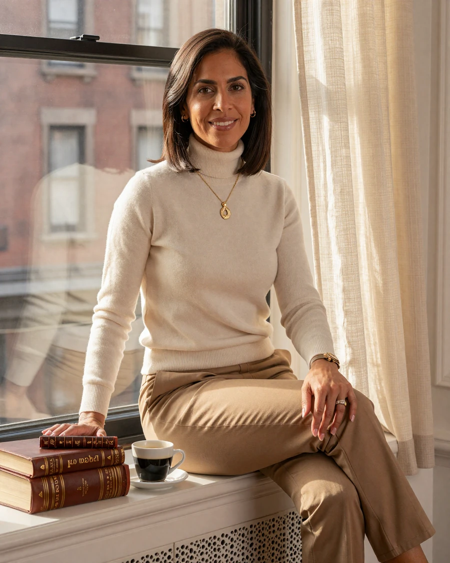 Single woman endocrinologist on a doctor dating site, golden-hour brownstone study portrait