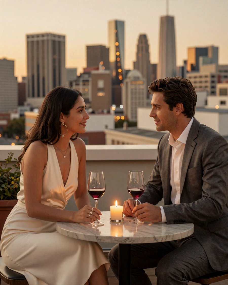 Plastic surgeon dating site lifestyle, rooftop dinner couple at golden hour, luxury editorial