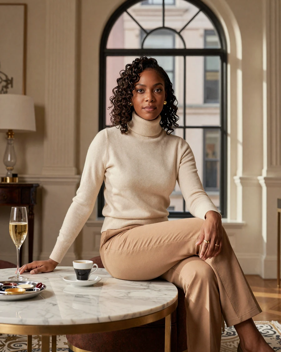 Single woman ophthalmologist on a doctor dating site, golden-hour brownstone portrait