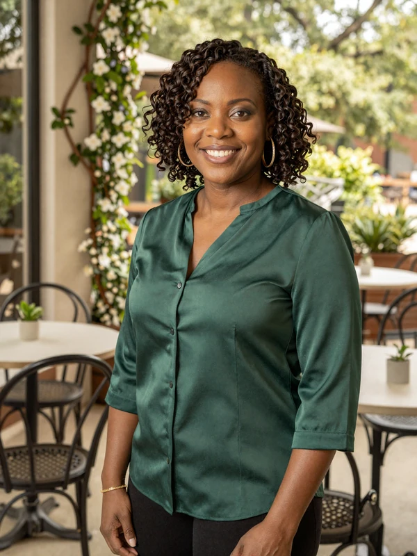 Dr. Amara Okafor, endocrinologist dating site profile, Atlanta garden cafe portrait