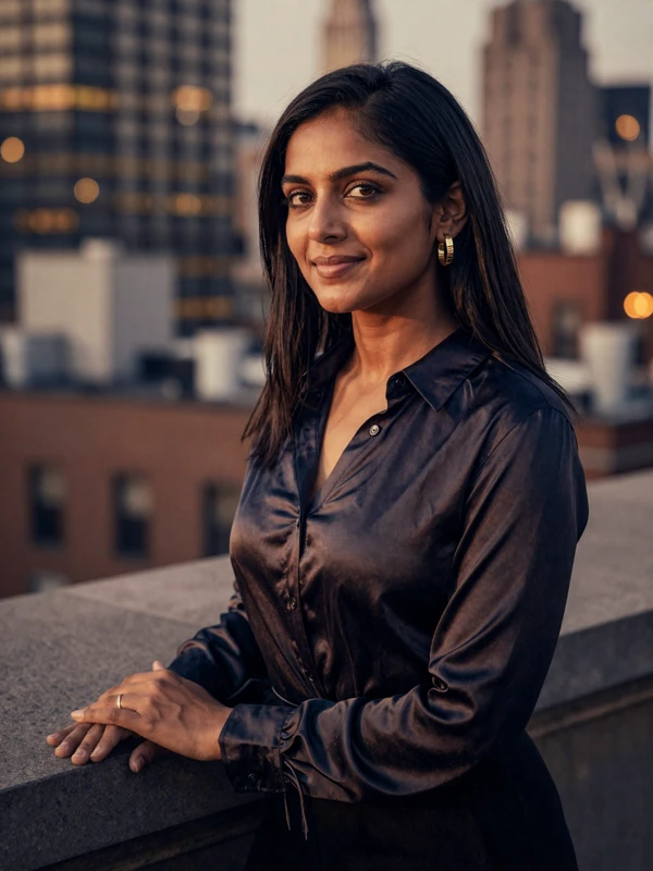 Dr. Priya Anand, single cardiologist dating profile, Manhattan rooftop at dusk