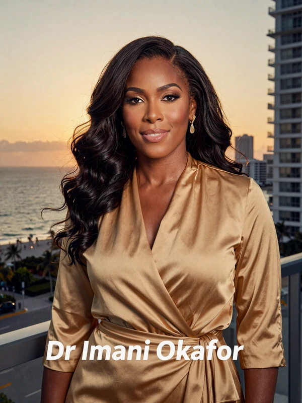 Dr. Imani Okafor, plastic surgeon dating site profile, Miami oceanfront sunset
