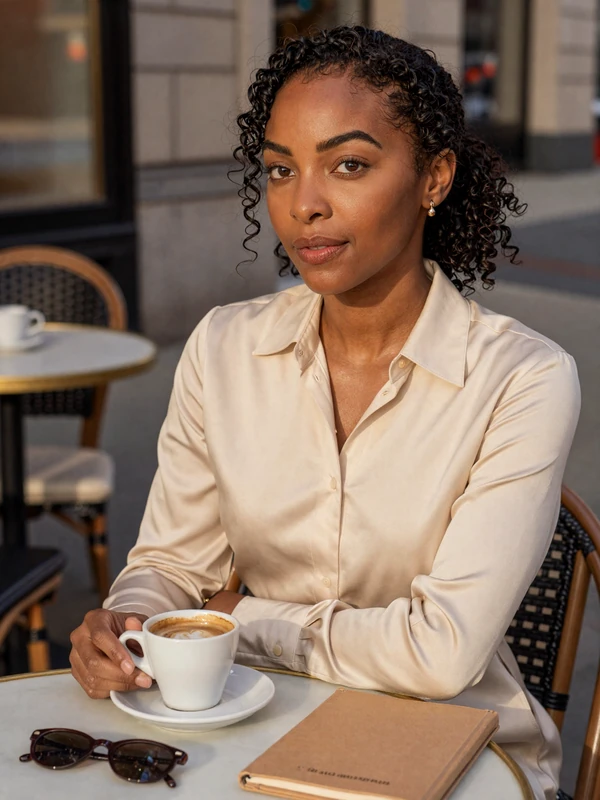 Dr. Lila Okafor, single ophthalmologist dating profile, Manhattan cafe portrait