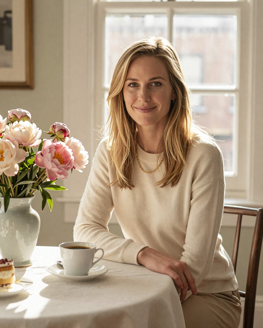 Single woman pediatrician on a doctor dating site, sunlit Boston brownstone at breakfast